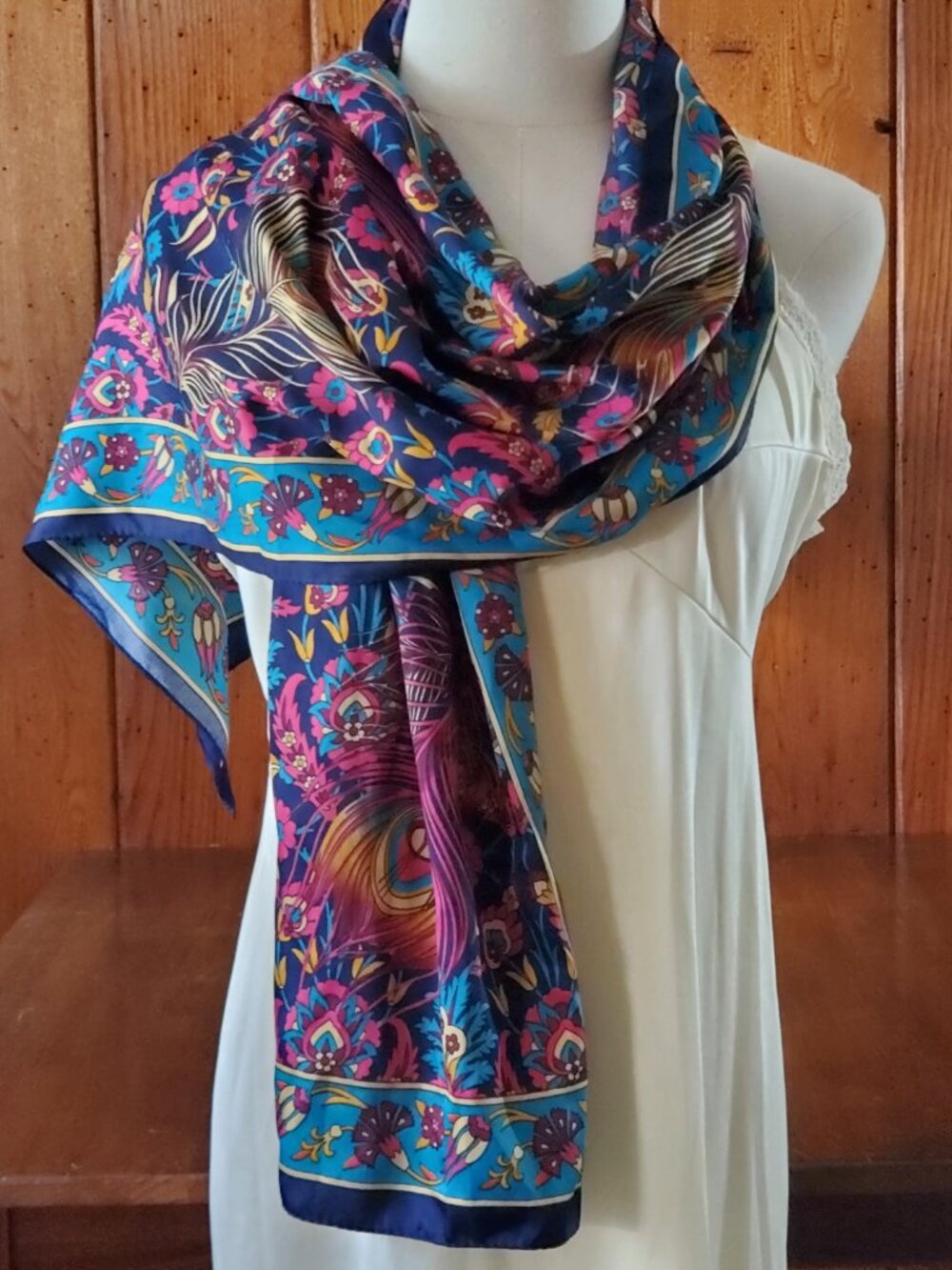 Bursa Silk Art Vintage Silk Scarf Oblong Peacock Feather Paisley Turkey 22x64